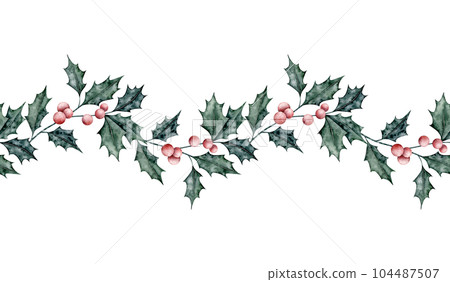 Christmas seamless border of ilex branches with red berries. Emerald holly leaves. Botanical Winterberry Endless banner. Hand painted watercolor illustration for wedding invitation, pack, christmas Christmas seamless border of ilex branches with red berries. Emerald holly leaves. Botanical Winterberry Endless banner. Hand painted watercolor illustration for wedding invitation, pack, christmas 104487507