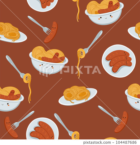 Seamless pattern with kawaii spaghetti and sausages. Vector graphics. 104487686