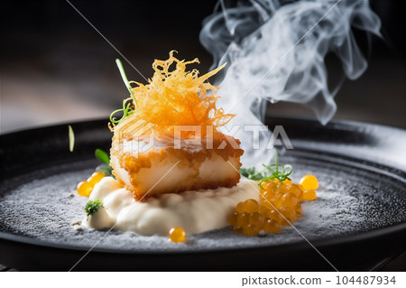 Molecular cuisine take on fish and chips with crispy potato foam and a sous-vide fish filet Molecular cuisine take on fish and chips with crispy potato foam and a sous-vide fish filet 104487934