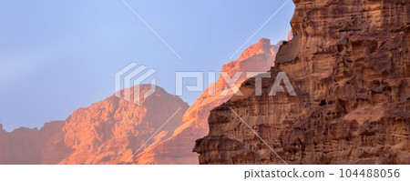 Wadi Rum Desert, Jordan mountains banner Wadi Rum Desert, Jordan mountains banner 104488056