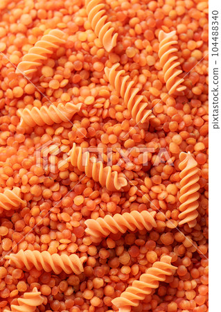 Pasta from red lentils. Gluten-free fusilli pasta. Pasta from red lentils. Gluten-free fusilli pasta. 104488340