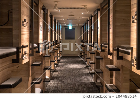 Scenery of a beautiful Japanese capsule hotel with private rooms Scenery of a beautiful Japanese capsule hotel with private rooms 104488514