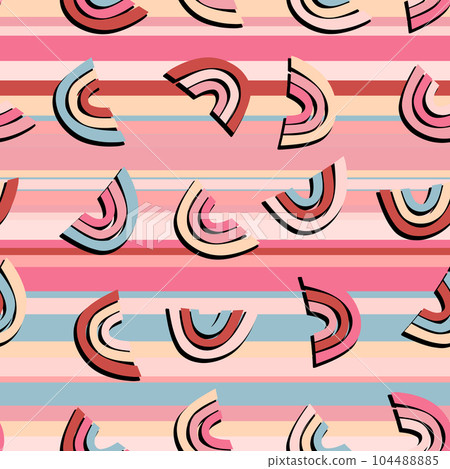 Trendy seamless pattern with colorful rainbow on color background. Design for invitation, poster, card, fabric, textile, fabric. Cute holiday illustration for baby. Scandinavian doodle style Trendy seamless pattern with colorful rainbow on color background. Design for invitation, poster, card, fabric, textile, fabric. Cute holiday illustration for baby. Scandinavian doodle style 104488885