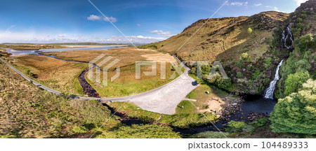 Aerial of Assaranca Waterfall in County Donegal - Ireland 104489333