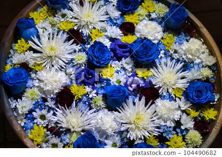 Blue flowers floating on the water Blue flowers floating on the water 104490682