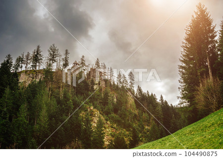 Mountain landscape in the Alps. Panoramic view of beautiful mountain landscape in the Bad Rippoldsau-Schapbach in the Black Forest, area near Burgbach Wasserfall, Baden-Wurttemberg, southern Germany. 104490875