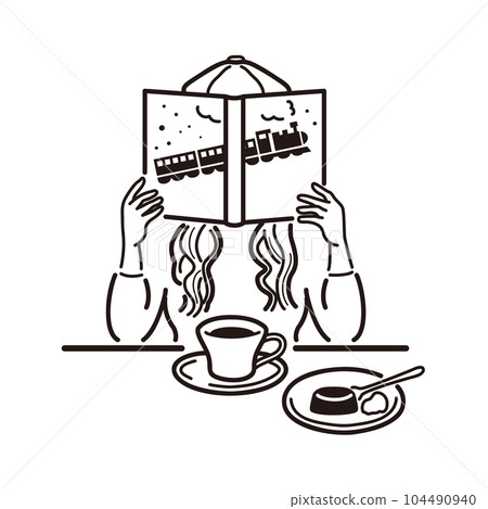 Illustration of a woman reading in a cafe (line drawing) Illustration of a woman reading in a cafe (line drawing) 104490940