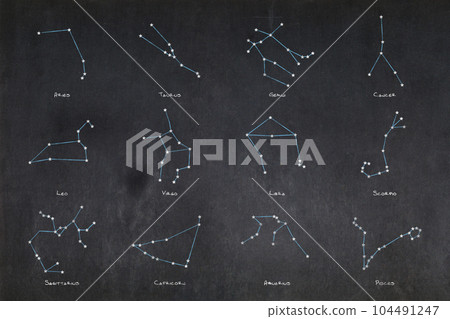 The 12 constellations of the Zodiac drawn on a blackboard 104491247