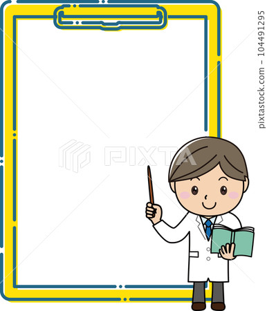 A man in a white coat explaining with a pointing stick in front of a large clipboard frame A man in a white coat explaining with a pointing stick in front of a large clipboard frame 104491295