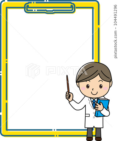 A man in a white coat explaining with a pointing stick in front of a large clipboard frame A man in a white coat explaining with a pointing stick in front of a large clipboard frame 104491296