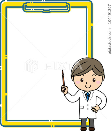 A man in a white coat explaining with a pointing stick in front of a large clipboard frame A man in a white coat explaining with a pointing stick in front of a large clipboard frame 104491297