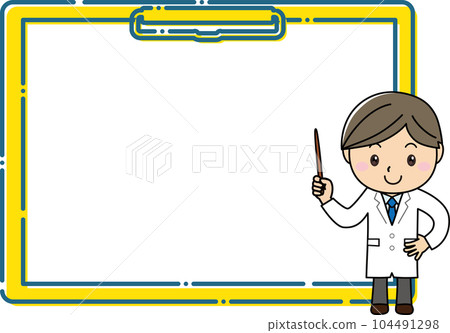 A man in a white coat explaining with a pointing stick in front of a large clipboard frame A man in a white coat explaining with a pointing stick in front of a large clipboard frame 104491298