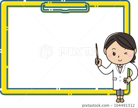 A woman in a white coat explaining with a pointing stick in front of a large clipboard frame A woman in a white coat explaining with a pointing stick in front of a large clipboard frame 104491312