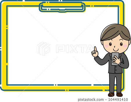 一名身穿西裝的男子拿著智能手機,在大剪貼板框架前解釋 一名身穿西裝的男子拿著智能手機,在大剪貼板框架前解釋 104491410