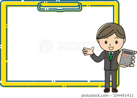 A man in a suit holding a calculator and explaining in front of a large clipboard frame 104491411