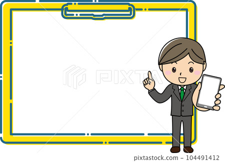 A man in a suit holding a smartphone and explaining in front of a large clipboard frame A man in a suit holding a smartphone and explaining in front of a large clipboard frame 104491412