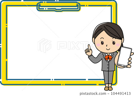 A woman in a suit holding a smartphone and explaining in front of a large clipboard frame 104491413