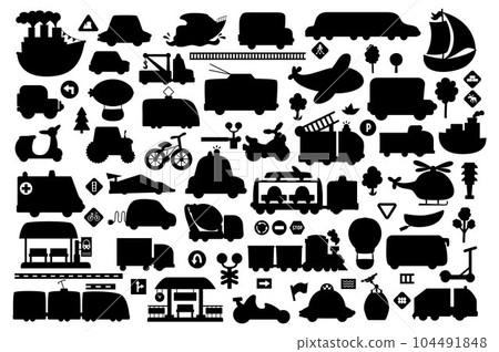 Vector transportation silhouettes set. Black icons collection with different kinds of transport. Cute road way shadow illustrations with bus, car, boat, truck, bike, plane, train, bus stop, station, Vector transportation silhouettes set. Black icons collection with different kinds of transport. Cute road way shadow illustrations with bus, car, boat, truck, bike, plane, train, bus stop, station, 104491848