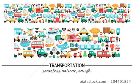 Vector transportation horizontal seamless pattern with different kinds of transport. Road trip repeating border brush. Cute background with bus, car, boat, truck, bike, plane, train 104491854