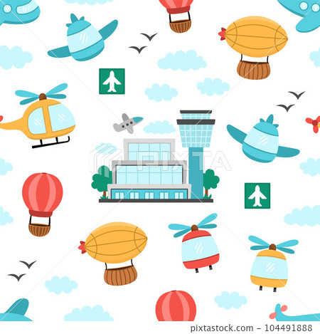 Vector air transport seamless pattern. Funny transportation repeating background with plane, zeppelin, helicopter, hot air balloon, clouds, airport for kids. Cute airborne vehicles texture 104491888