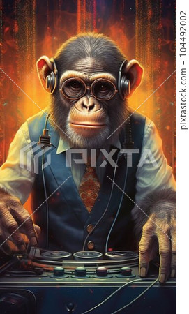 DJ Monkey in Headphones and Suit. Generative ai DJ Monkey in Headphones and Suit. Generative ai 104492002