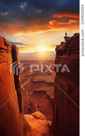 Lone Hiker Walking Precariously in Utah Canyonlands National Park at Sunset. Generative ai Lone Hiker Walking Precariously in Utah Canyonlands National Park at Sunset. Generative ai 104492004