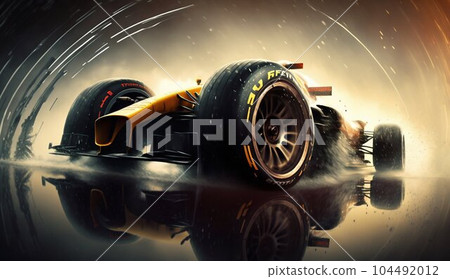 Close-Up of F1 Car Wheel in Misty Rain. Generative ai 104492012