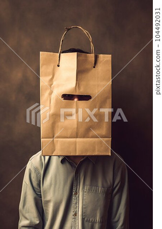 Man with a Paper Bag with Holes for Eyes on His Head. Generative ai 104492031