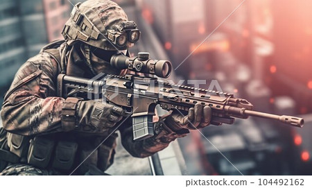 Soldier with Sniper Rifle in Hand on the Roof. Generative ai 104492162