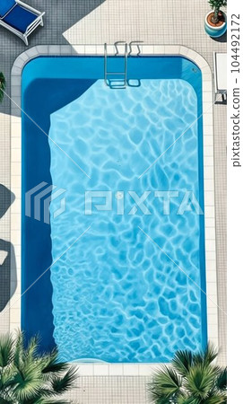 Lounging by the Pool with Blue and White Tiles, Caustic Water Refraction. Aerial Top View. Generative ai 104492172