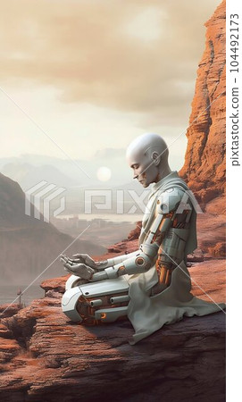 Robotic Monk Meditating Against Mountainous Background. Generative ai 104492173