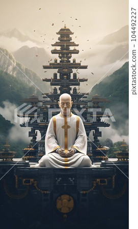 Robotic Monk Meditating Against Mountainous Background. Generative ai 104492227