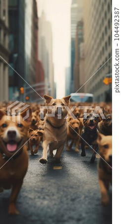 Dogs Running Through NYC Street. Generative ai Dogs Running Through NYC Street. Generative ai 104492387