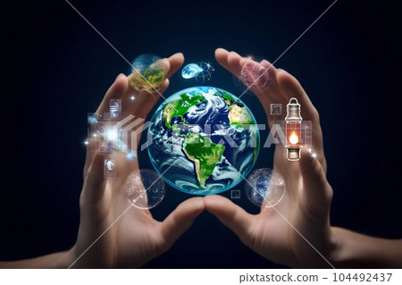 Hands Holding a Globe with Renewable Energy Icons. Generative ai 104492437