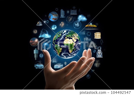 Hands Holding a Globe with Renewable Energy Icons. Generative ai Hands Holding a Globe with Renewable Energy Icons. Generative ai 104492547