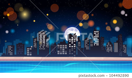 swimming pool on the high building in the city in the night swimming pool on the high building in the city in the night 104492890