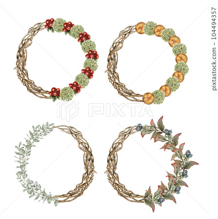 Winter wreath with dry branches, Holly and Red Berries. Watercolor hand drawn illustration for invitations, greeting cards, prints, packaging and more. Merry christmas and happy new year. Winter wreath with dry branches, Holly and Red Berries. Watercolor hand drawn illustration for invitations, greeting cards, prints, packaging and more. Merry christmas and happy new year. 104494357
