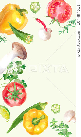 新鮮夏季蔬菜和香草的水彩插圖。垂直橫幅背景（矢量，佈局可變） 104494511