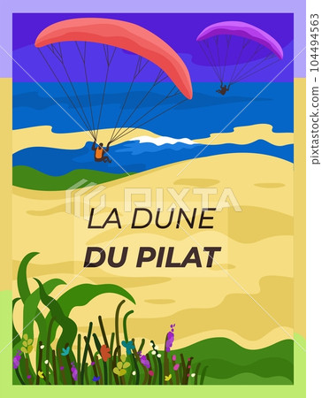 Pilat dune. Huge sand dune in France. Region Bordeaux. Paragliding concept. Pilat dune. Huge sand dune in France. Region Bordeaux. Paragliding concept. 104494563