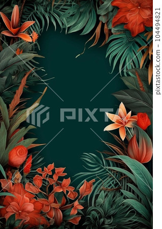 Frame mockup with Tropical leaves and flowers. Generative ai 104494821