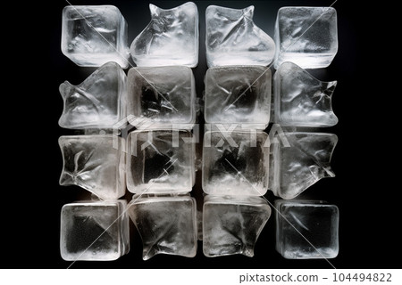 Melting ice cubes over black background. Top view. Generative AI 104494822