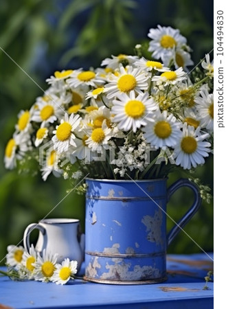 Blue tin mug with bunch of daisies. Generative AI 104494830