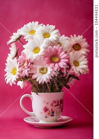 Pink mug with bunch of daisies. Generative AI 104494831