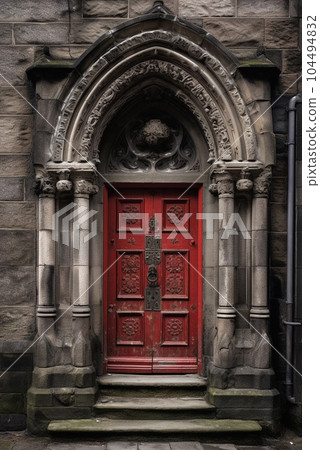 Red ancient old door of gothic cathedral. Generative ai 104494832