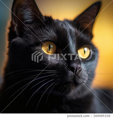 Profile portrait of a black Bombay cat sitting beside a window in a light room with blurred background. Closeup face of a beautiful Bombay cat at home. Portrait of a cat with yellow eyes and sleek fur 104495330