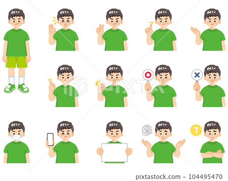 Elementary school boy Illustration material set of facial expressions and gestures 104495470