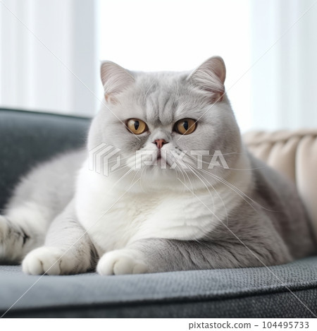 Portrait of a silver Exotic Shorthair cat lying on a sofa beside window in light room. Portrait of a beautiful Exotic Shorthair cat at home. Portrait of a gray cat with sleek fur looking at the camera Portrait of a silver Exotic Shorthair cat lying on a sofa beside window in light room. Portrait of a beautiful Exotic Shorthair cat at home. Portrait of a gray cat with sleek fur looking at the camera 104495733