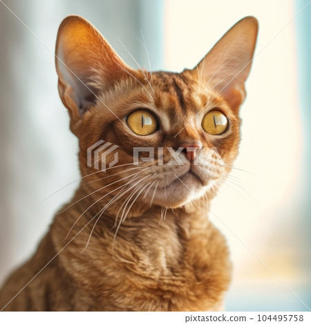 Portrait of a brown Devon Rex cat sitting in a light room beside window. Closeup face of a beautiful Devon Rex cat at home. Portrait of a graceful red Devon Rex cat with sleek fur looking to the side Portrait of a brown Devon Rex cat sitting in a light room beside window. Closeup face of a beautiful Devon Rex cat at home. Portrait of a graceful red Devon Rex cat with sleek fur looking to the side 104495758