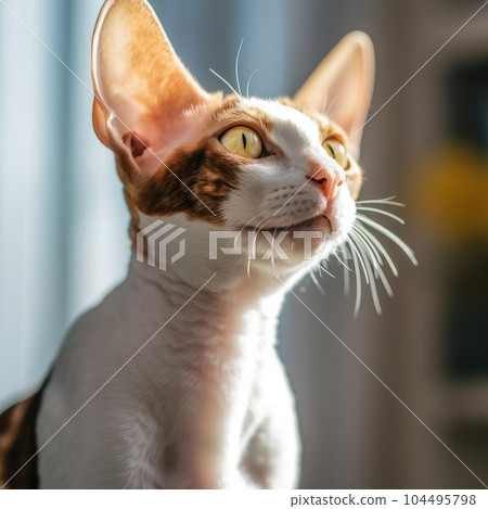 Profile portrait of a white Cornish Rex cat sitting beside a window in a light room with blurred background. Closeup face of beautiful Cornish Rex cat at home. Portrait of a spotted cat with sleek fur Profile portrait of a white Cornish Rex cat sitting beside a window in a light room with blurred background. Closeup face of beautiful Cornish Rex cat at home. Portrait of a spotted cat with sleek fur 104495798