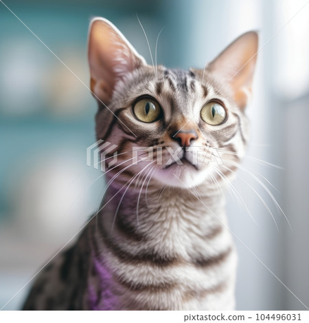 Portrait of a lilac point Ocicat cat sitting in light a room beside a window. Closeup face of a beautiful striped Ocicat cat at home. Portrait of tabby Ocicat cat with sleek fur looking at the camera. Portrait of a lilac point Ocicat cat sitting in light a room beside a window. Closeup face of a beautiful striped Ocicat cat at home. Portrait of tabby Ocicat cat with sleek fur looking at the camera. 104496031